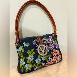 Valentino Garavani: Denim Embroidered Floral V Rhinestone Shoulder Bag